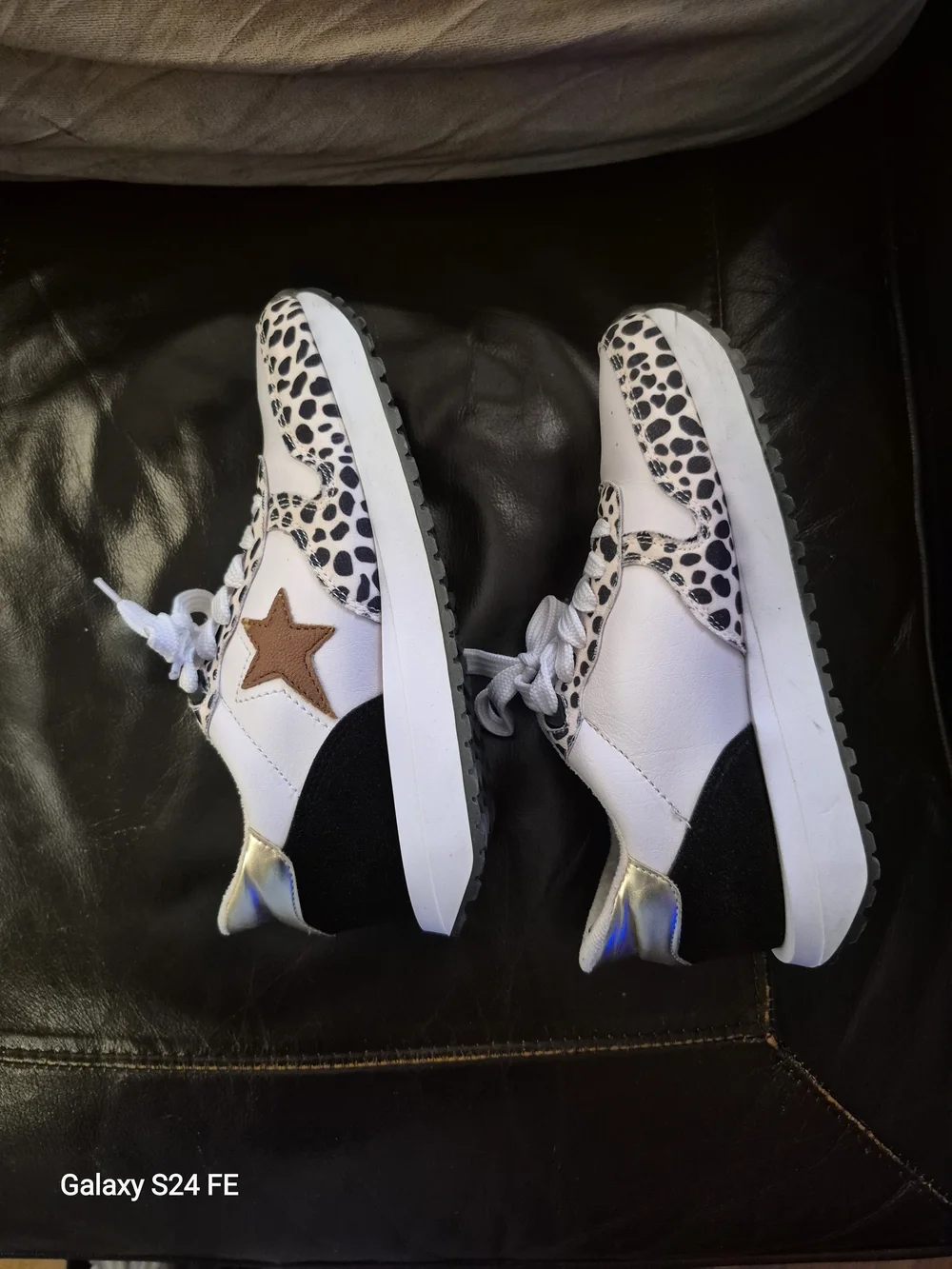 Women’s White Leopard Accent Sneakers with Gold Star Detail